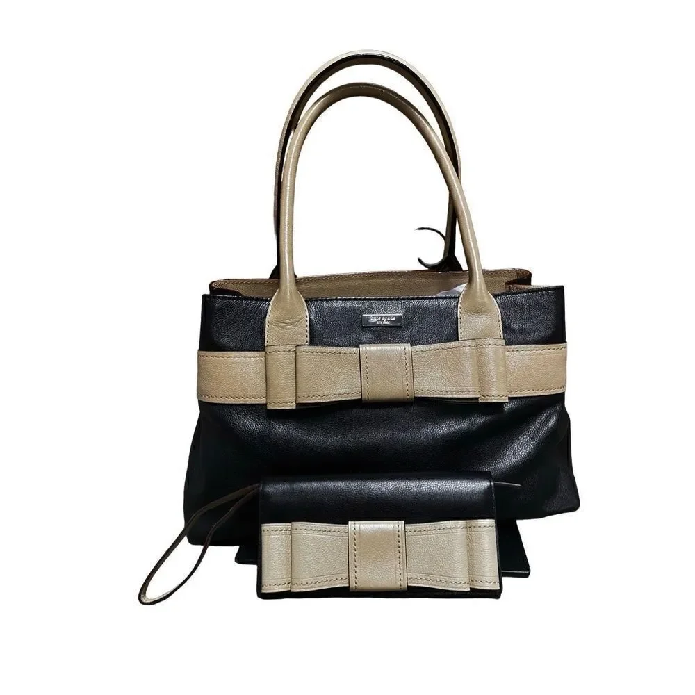 Kate Spade Black & Taupe Leather Elena Shoulder Bag & Wallet/Wristlet